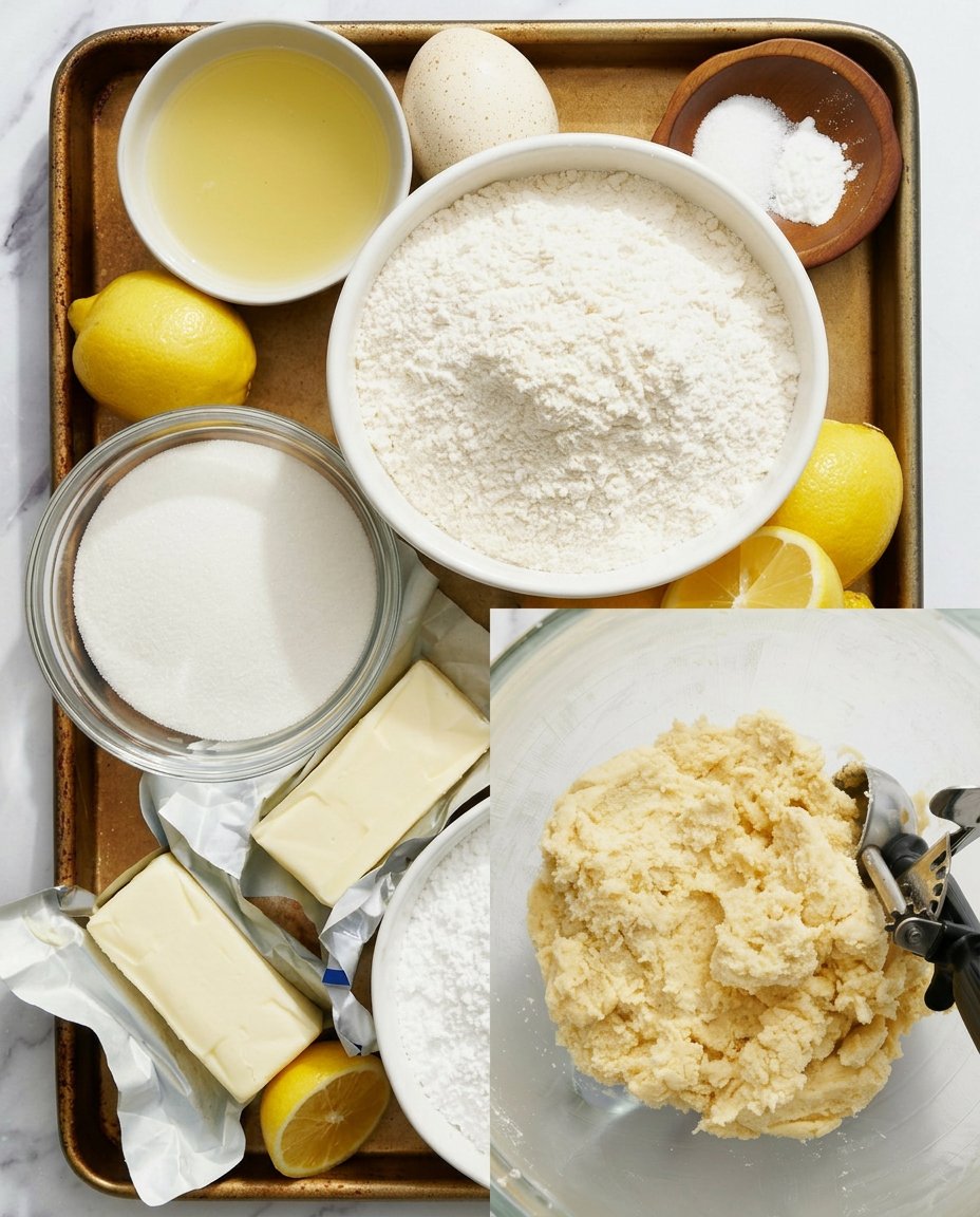 Measured ingredients for lemon cookies including fresh lemons, butter, and sifted flour.