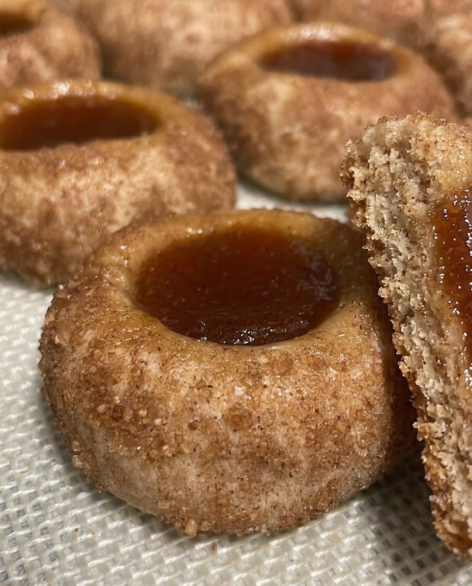 A plate of glazed peach thumbprint cookies served with a cup of tea.