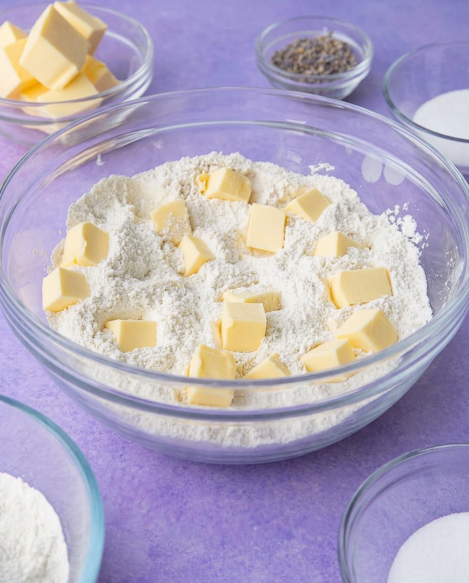 Measured ingredients for lavender shortbread cookies on a digital scale