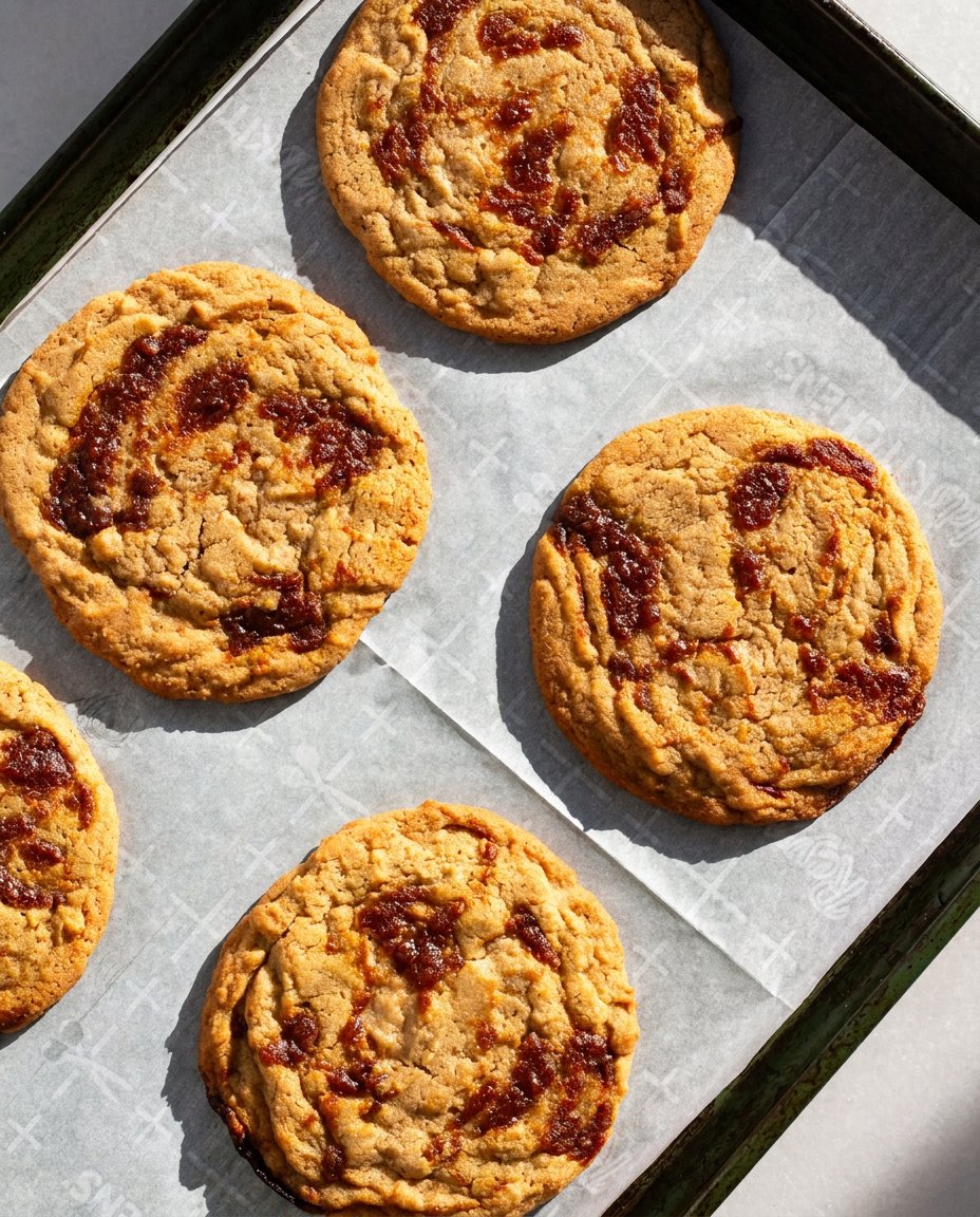 A single miso caramel cookie served on a delicate plate next to a cup of black tea