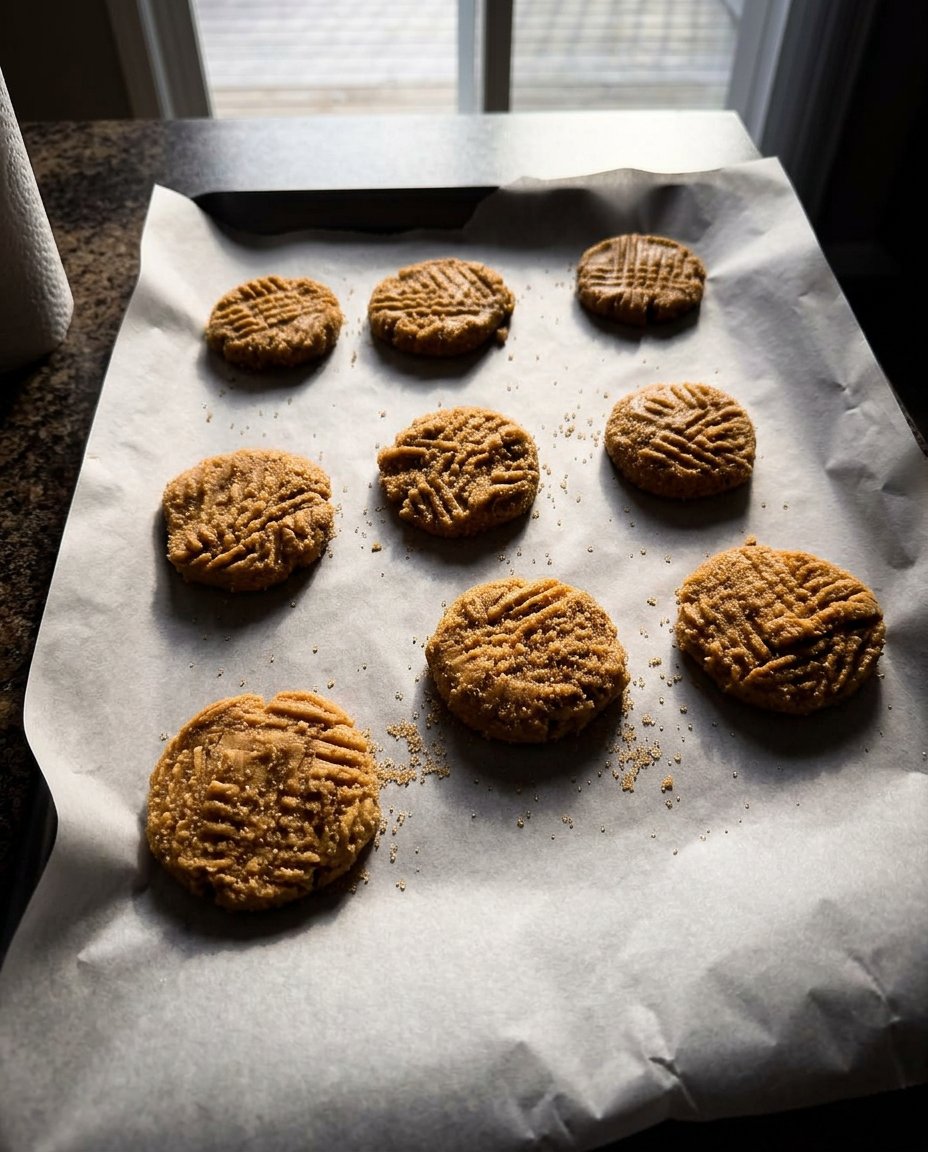 Pressing a fork into peanut butter cookie dough