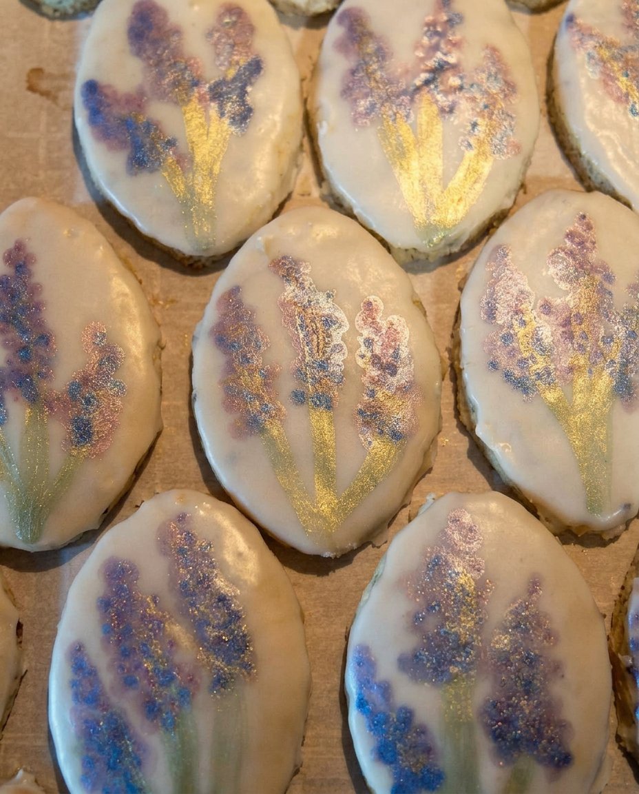 Lavender shortbread cookies dipped in tempered white chocolate